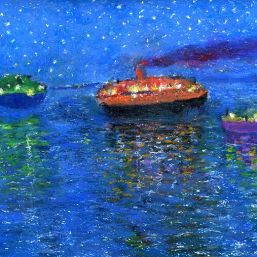 Boats at sea, at night