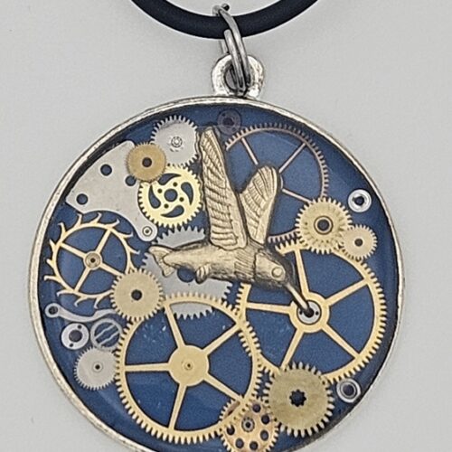 Steampunk Large Circle Pendant with Gold Hummingbird
